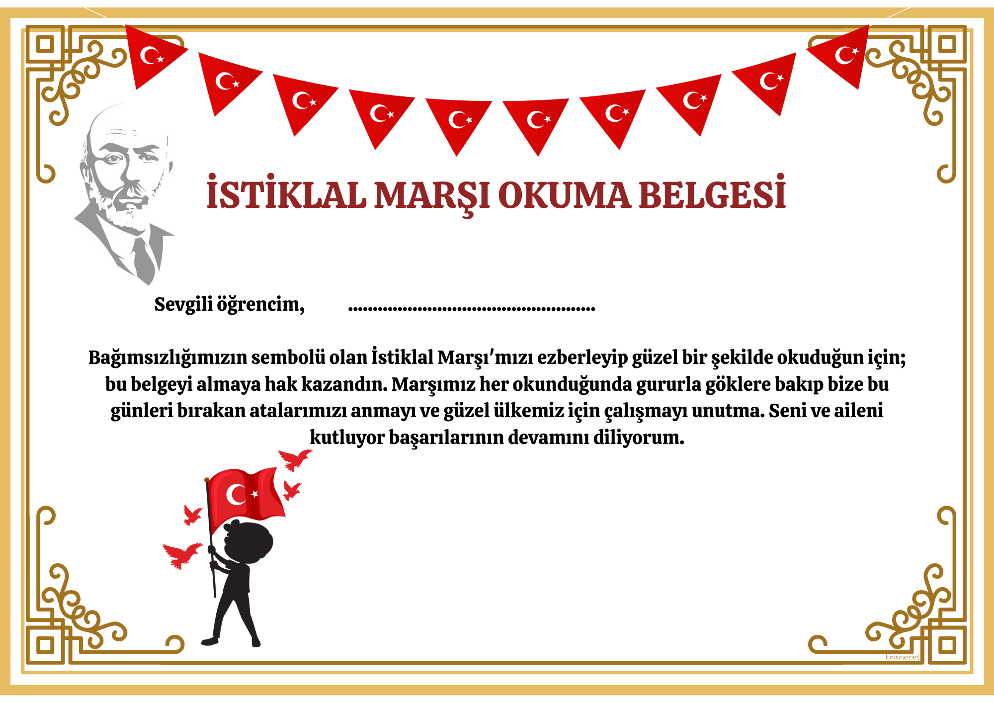 12 Mart İstiklal Marşı Okuma Belgesi ( Sertifika )